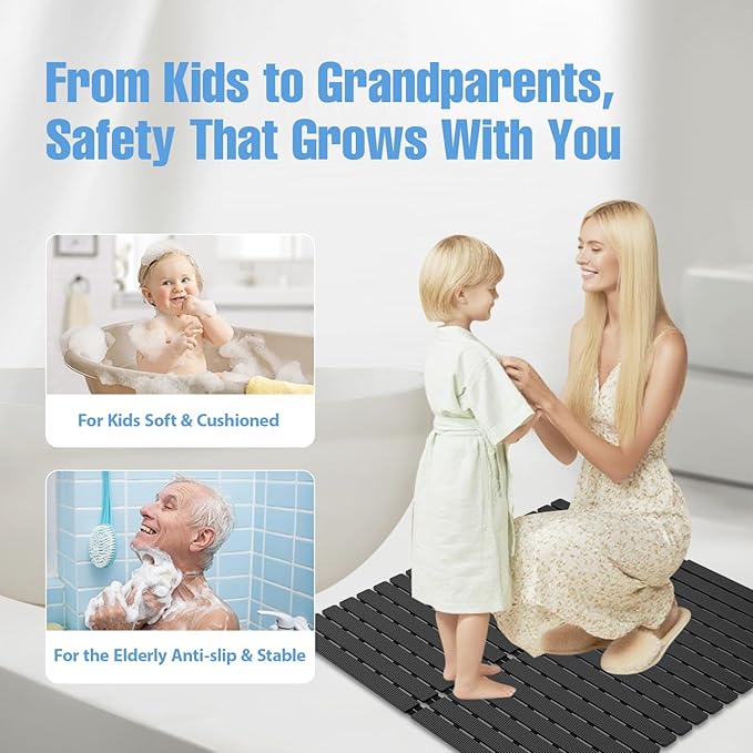 Shower Mat Non-Slip Bath Mat for Tub Floor & Stall with 200+ Suction Cups & Drain Holes, Quick Dry Machine Washable Bathtub Mat, Safe for Elderly& Baby, Bathroom Essentials 24x24 Inch (Black)