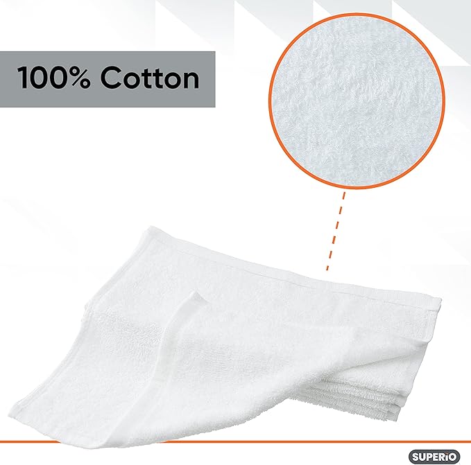 Superio Terry Cloth Rags White Washcloths 100% Cotton 12" Cleaning Cloths, Kitchen Towels, Facial Washcloth, Spa Cloths, Hand Towel, Small Lint Free Rags for Multi-Purposes (6 Pack)