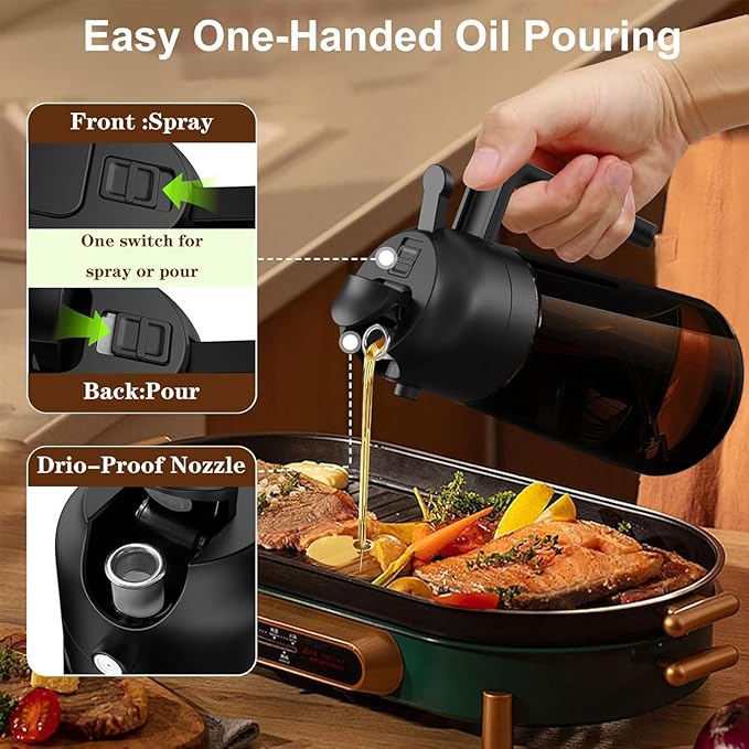 2-in-1 Glass Oil Dispenser & Sprayer - 16oz/470ml Leakproof Bottle for Cooking, Air Fryer, BBQ, Baking, Salad (Light-Blockage Black 2PC)