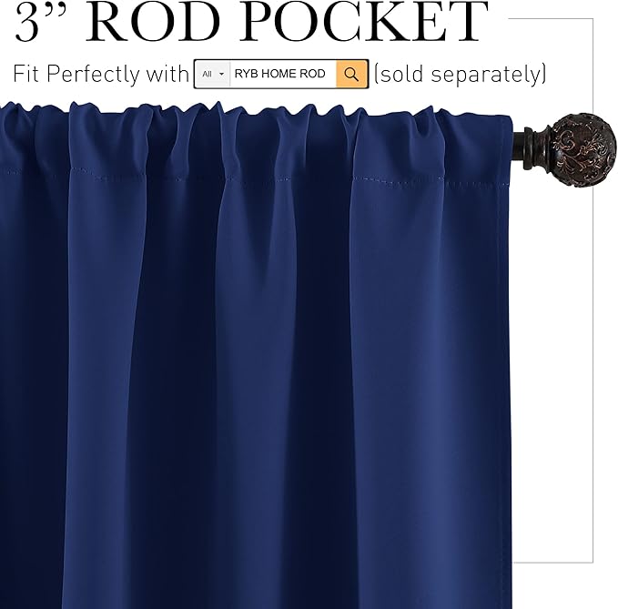 RYB HOME 45 inch Length Curtains for Kitchen, Room Darkening Narrow Window Drapes Thermal Insulated Privacy Covers for Basement RV Camper, W 34 x L 45 inch, Set of 2, Marine Blue