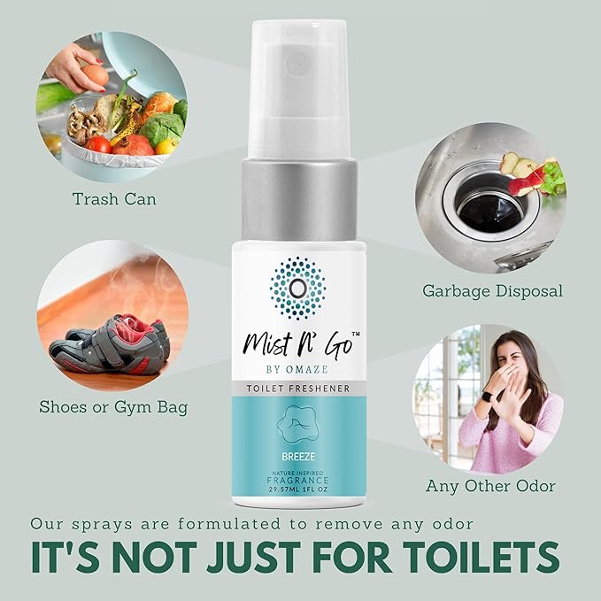 Mist N’ Go by Omaze Travel Bathroom Spray for Toilet Spray Odor Eliminator - Travel Toilet Spray for Bathroom Air Freshener Spray for Bathroom Deodorizer - Mix All, Travel Size (1oz x5)