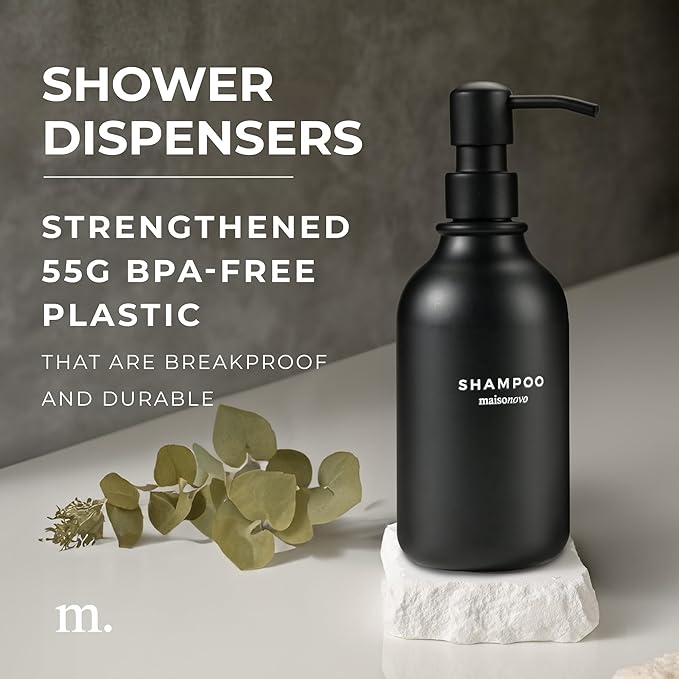 MaisoNovo Refillable Shampoo and Conditioner Bottles | 16.9 fl oz Set of 3 Black Plastic Bottles Black Pumps