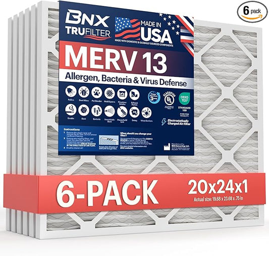 BNX TruFilter 20x24x1 Air Filter MERV 13 (6-Pack) - MADE IN USA - Electrostatic Pleated Air Conditioner HVAC AC Furnace Filters for Allergies, Pollen, Mold, Bacteria, Smoke, Allergen, MPR 1900 FPR 10