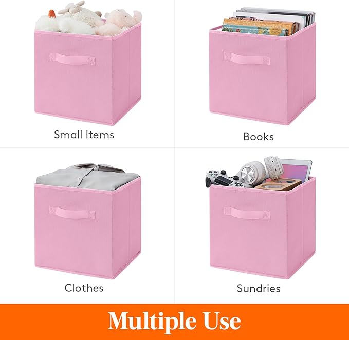 Lifewit 10 Packs Storage Cubes, 11 Inch Cube Storage Bins, Foldable Decorative Fabric Storage Baskets for Organizing Home Organizers with Handles for Shelves, Closet, Pink
