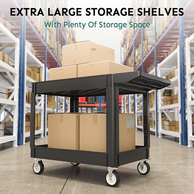 Utility Cart on Wheels, 1000 lbs Capacity Rolling Service Cart, 45 x 25 Inch Work Carts, 2 Shelf Heavy Duty Plastic Tool Cart, Lipped Shelves, for Warehouse, Garage, Cleaning, Black