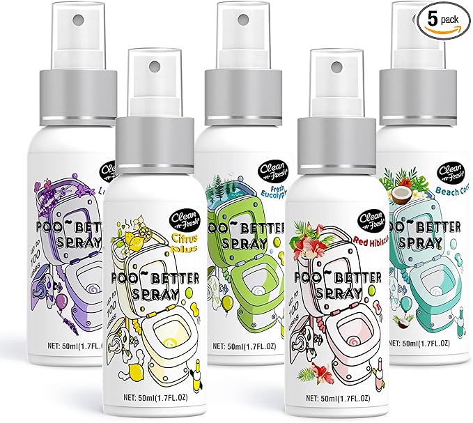 Clean-n-Fresh Toilet Spray, 8.5 Fl Oz Variety Pack of 5 - Citrus, Hibiscus, Lavender, Eucalyptus, Beach Coco, Travel Essentials Bathroom Odor Elimination, Air & Toilet Freshener, Each 1.7 Fl Oz