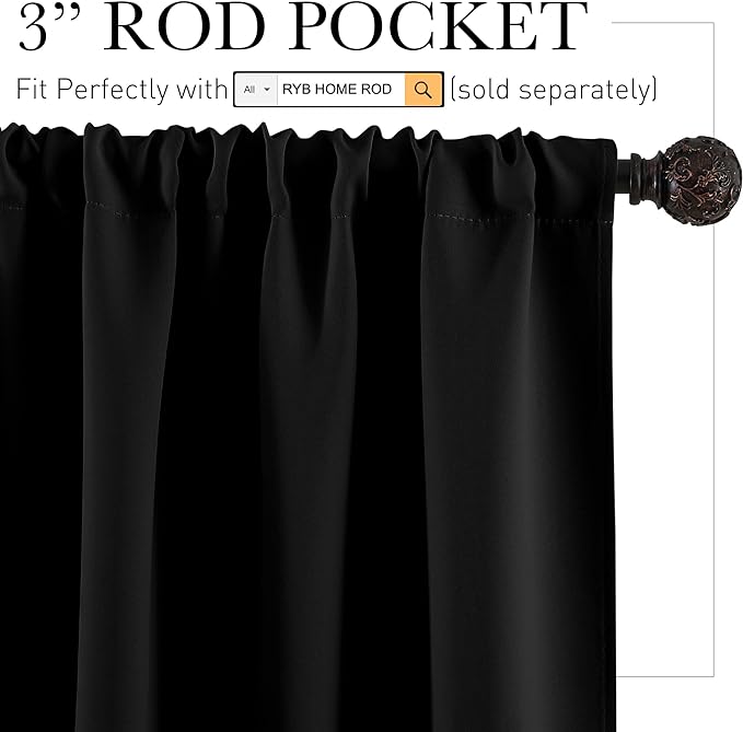 RYB HOME Small Curtains for Kitchen Window - Blackout Privacy Portable Curtain Set for Bedroom Office Bathroom Basement Garage Storage Enclosure RV Bunk, W 34 x L 30 inch, Black, 2 Pcs