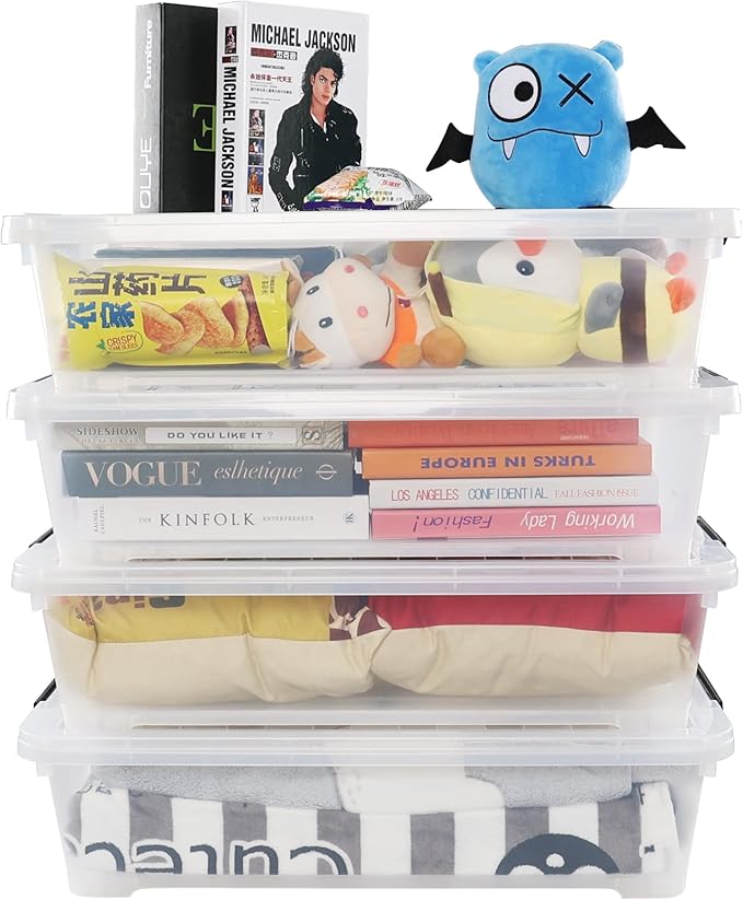 40 Quarts Under Bed Storage Boxes with Wheels, Large Plastic Shallow Tote Bins Set of 4