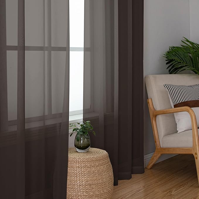 Chyhomenyc Chocolate Brown Sheer Curtains 45 Inch Long 2 Panels, Light Filtering Rod Pocket Voile Short Curtains Drapes for Living Room Bedroom Small Windows, 42Wx45L Inches