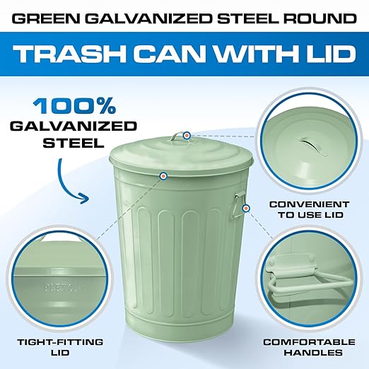 Plexon Round Trash Can 13 Gallon, Vintage Metal Outdoor Trash Can with Lid, Retro Farmhouse Garbage Container, Old School Modern Ash Bucket, Green 2 Pack
