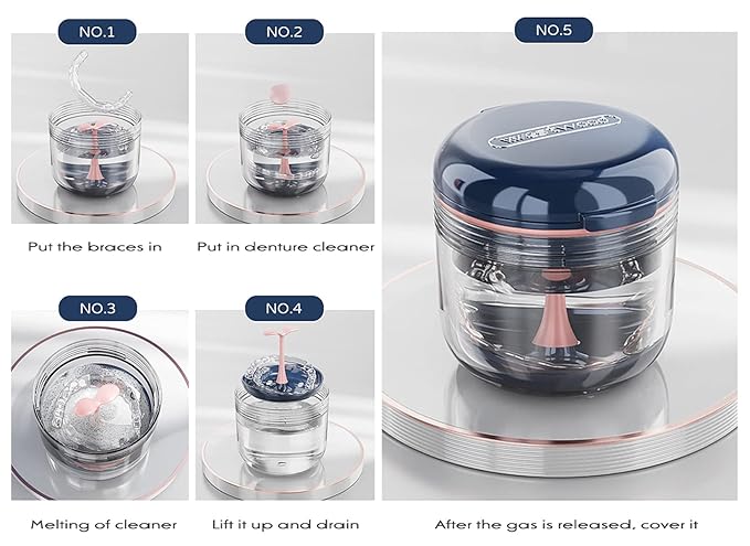 MURRI&MURRDI Denture Bath Case Holder with Mirror & Strainer Basket, Retainer Mouth Guard Soak Container Box, Braces Cleaner Cup, Travel Storage for Dentures, Retainers & Aligners (Dark Blue)