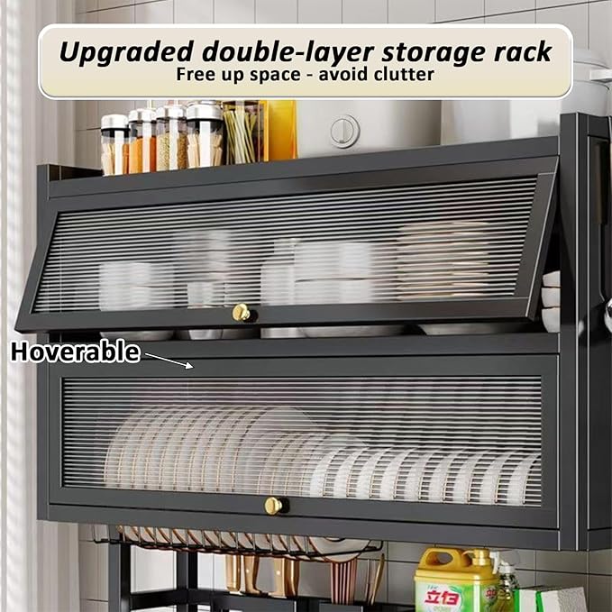 Dish Drying Rack 4 Tiers with Cover, Keep Kitchen Sink Shlef Organized Space-Saving Dish Drying Rack, Large Drying Rack for Dishes, Glasses, Bowls, Cutlery (White, W-25.6)
