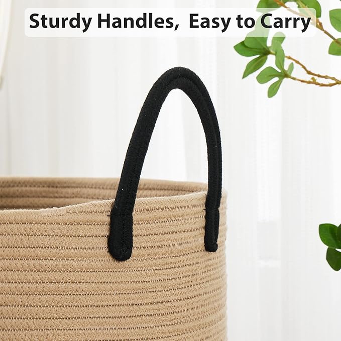 Fiona's magic 72L Large Woven Laundry Hamper, Tall Cotton Rope Storage Basket, Jute Baby Nursery Hamper for Blankets, Toys and Clothes in Bedroom and Living Room Organizing, Brown & Black