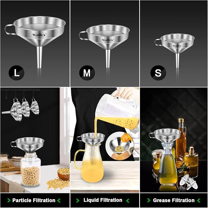 Stainless Steel Funnel, Walfos 3 Pack Kitchen Funnel with 2 Removable Strainer ＆ 1Pcs Cleaning Brush, Perfect for Transferring of Liquid, Oils, Jam, Dry Ingredients & Powder