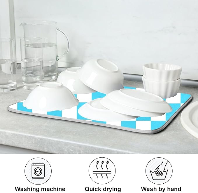 Turquoise Chessboard Dish Drying Mat for Kitchen Countertop 16x18 Teal Plaid Checkered Rectangle Small Drying Mat Reusable Quick Dry Dish Sink Absorbent Mats Easy Clean Decorative Home Essentials