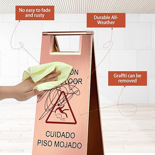 Kigley 2 Pcs Wet Floor Sign, 24 Inch Stainless Steel Caution Wet Floor Sign Double Sided Portable Foldable Bilingual Safety Warning for Hotel Market Restroom Restaurant Office (Rose Gold)