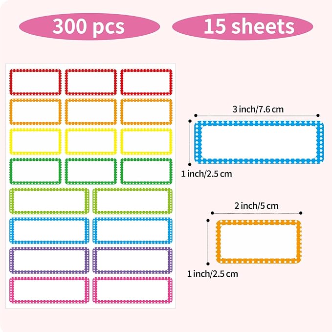 Removable Colored Labels Stickers, Self-Adhesive Rectangular Stickers Star Border Water/Oil/Tear Resistant for Storage/Classroom/Home (2 Size, 300 Labels)