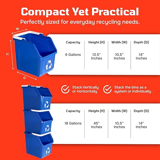 Multi Recycling Bin System with Three Stacking 6 Gallon Bins with Carrying Handles, Stackable and Compact for Offices, Homes, Garages, Businesses - (Yellow, 3 Pack)