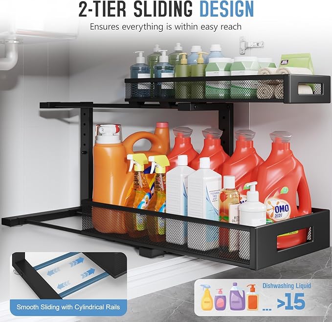 1 Pack 19IN Depth Under Sink Storage Organizer, Large 2-Tier Elegant Mesh Pull Out Shelf for Kitchen and Bathroom Cabinet Organization, L-Shaped and Adjustable Height Design-Black