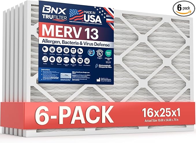 BNX TruFilter 16x25x1 Air Filter MERV 13 (6-Pack) - MADE IN USA - Electrostatic Pleated Air Conditioner HVAC AC Furnace Filters for Allergies, Pollen, Mold, Bacteria, Smoke, Allergen, MPR 1900 FPR 10