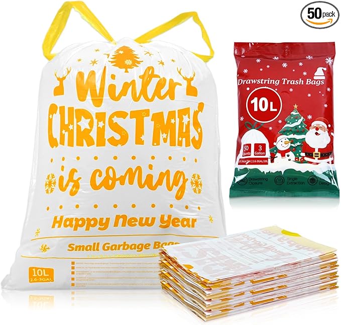 XUXRUS Small Christmas Trash Bags, 3 Gallon Christmas Garbage Bags 50 Count, Holiday Trash Bags, Festive Gold Printed Drawstring Garbage Bags for Kitchen & Bathroom, Holiday Supplies