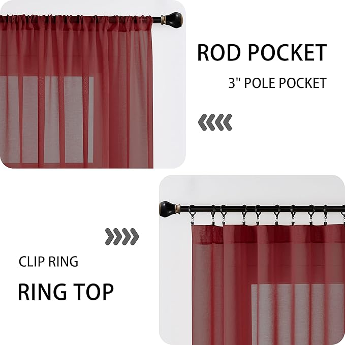 Tollpiz Small Sheer Door Curtain Closet Linen Textured Curtain Sheers Doorway Light Filtering Voile French Door Rod Pocket Curtains Patio Glass Door, 25 x 40 inches Long, Burgundy Red, Set of 1 Panel