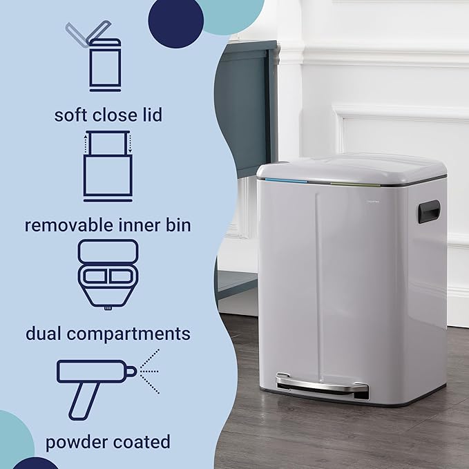happimess HPM1005I Marco Rectangular 10.6-Gallon Double Bucket Trash Can with Soft-Close Lid, Fog Gray, Fingerprint Resistant, Modern, Minimalistic for Home, Kitchen, Office, Bedroom, Bathroom