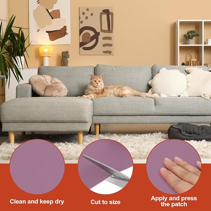 PATIKIL Leather Patches Tape for Furniture, 6.3 x 61 Inch Self Adhesive Vinyl Leather Repair Kit Cover Sheet for Couch, Sofa, Car Seats, Office Chair, Light Purple