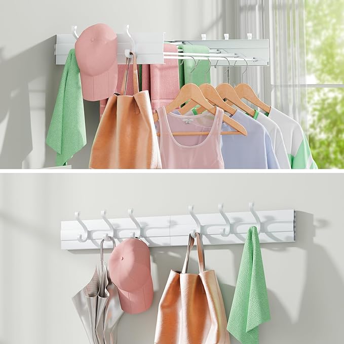 Wall Mounted Drying Rack 31.5", Foldable Clothes Drying Rack with 6 Towel Hooks and 5 Rods for Hanging Clothes, Space Saving Laundry Rack for Indoor Outdoor Bathroom Balcony Laundry Room(31.5")