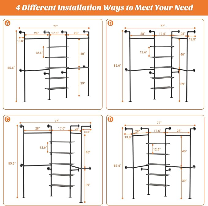 Aheaplus Industrial Pipe Clothing Rack, Reversible 6.42FT Clothes Rack for Hanging Clothes, Heavy Duty 5 Tier Wardrobe Closet Garment Racks with Shelves, Corner Closet Organizer System, Black Oak