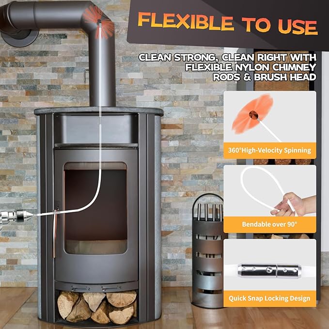 26 Feet Chimney Sweep Kit, Chimney Cleaning Kit with 8 Flexible White Chimney Rods, Chimney Brush, Rotary Chimney Cleaning System Driven by Drill for Sweeping Fireplace