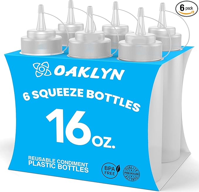 Oaklyn Squirt Bottles 16oz, 6 Pack – BPA-Free Condiment Squeeze Bottles for Sauces, Dressings, Oils, BBQ & Crafts – Durable, Leak-Proof, Easy to Fill & Clean