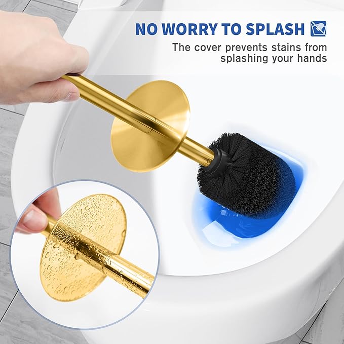 Toilet Brush and Holder, 2 Pack Toilet Brush Stainless Steel, Toilet Bowl Brush for Bathroom Toilet-Ergonomic, Elegant,Durable (Gold)