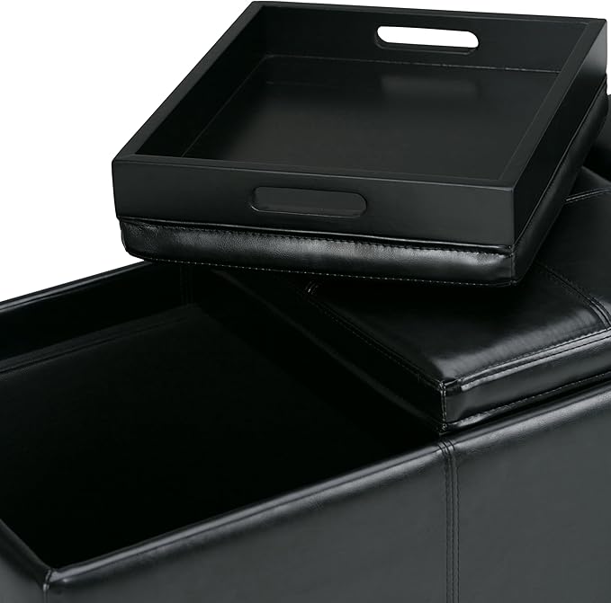 SIMPLIHOME Avalon 42 inch Wide Contemporary Rectangle Storage Ottoman in Midnight Black Vegan Faux Leather, Assembled, For the Living Room, Entryway and Family Room