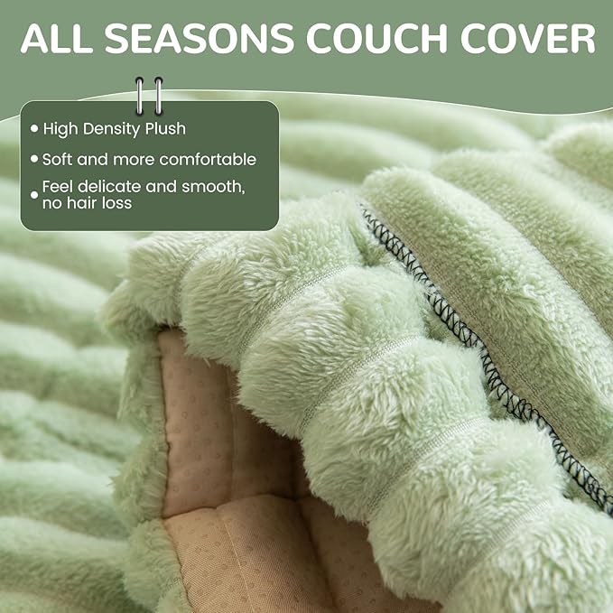 OTOB Couch Covers for 3 Cushion Sofa Pet Friendly, Plush Fuzzy Non Slip Sofa Covers Washable, Soft All Seasons Sofa Slipcovers Furniture Protector Dog Bed Mat (Matcha Green, 27.6" x 82.7")