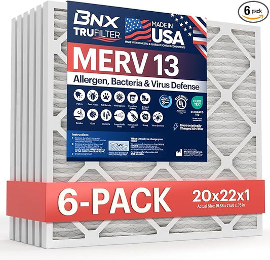 BNX TruFilter 20x22x1 Air Filter MERV 13 (6-Pack) - MADE IN USA - Electrostatic Pleated Air Conditioner HVAC AC Furnace Filters for Allergies, Pollen, Mold, Bacteria, Smoke, Allergen, MPR 1900 FPR 10