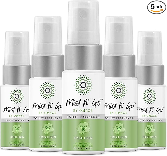Mist N' Go by Omaze Travel Bathroom Spray - Toilet Odor Eliminator & Air Freshener - Fresh Linen (1oz x5)