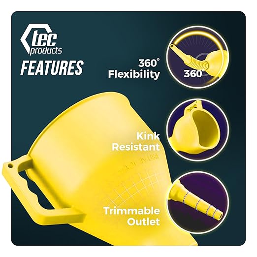 TEC Products FlexAll Long Flexible Funnel for Automotive Use - Durable Nitrile Rubber - Ideal for Car Oil Change, Transmission Funnel Fluid, Diesel, Fuel, Gas - Made in USA - Yellow (12 x 4 Inches)