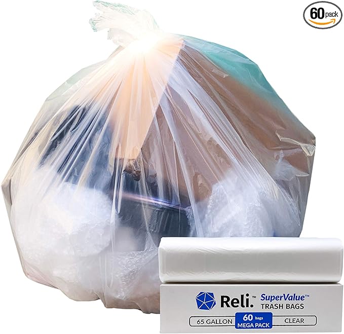 Reli. SuperValue 65 Gallon Trash Bags | 60 Count | Made in USA | Heavy Duty | Clear Multi-Use Garbage Bags