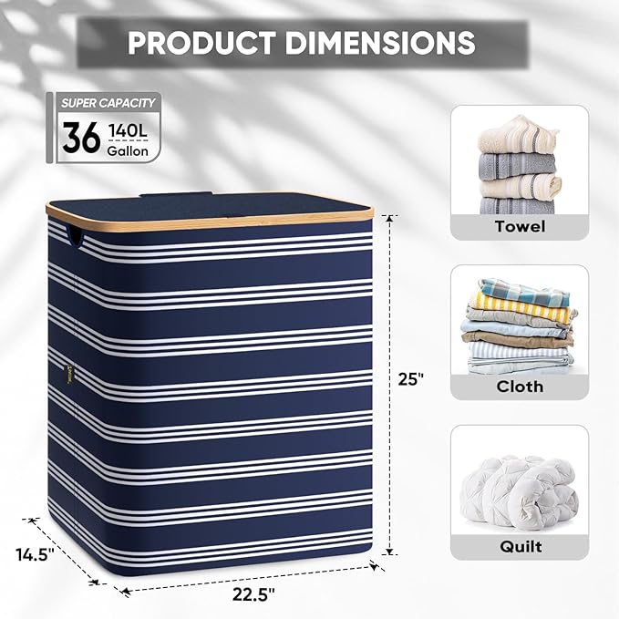 BALEINE Laundry Hamper with Lid, Tall Laundry Baskets with Bamboo Pull Handles, Large Laundry Bin with Internal Support (36 Gal/140L, Blue Pinstripe)