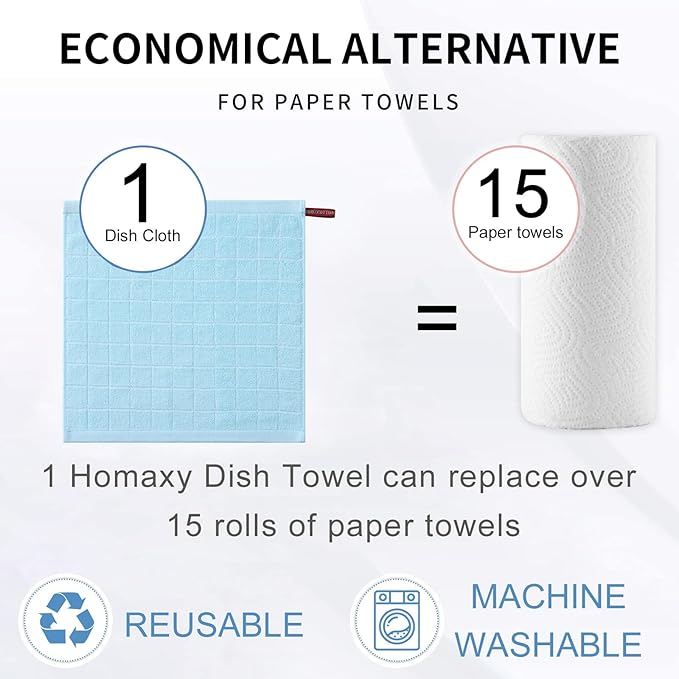 Homaxy 100% Cotton Terry Kitchen Dish Cloths, Ultra Soft and Absorbent Dish Towels for Kitchen, Suitable for Drying and Washing Dishes, 8 Pack, 12 x 12 Inches,Sky Blue