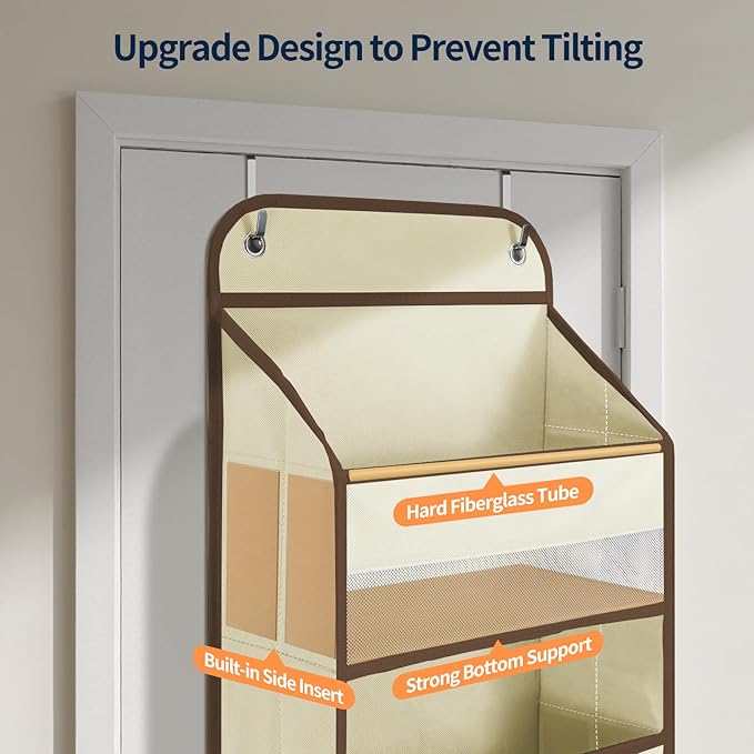 Yecaye Over The Door Organizer Storage, 5-Tier Heavy Duty Door Organizers Hanging with 10 Side Mesh Pockets, 44 lbs Load Capacity Behind Door Storage for Bathroom Nursery Bedroom Dorm Closet, Beige