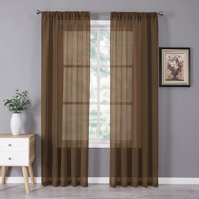 Tollpiz Sheer Curtains Linen Textured Bedroom Curtain Sheers Light Filtering Rod Pocket Voile Curtains for Living Room, 54 x 84 inches Long, Brown, Set of 2 Panels