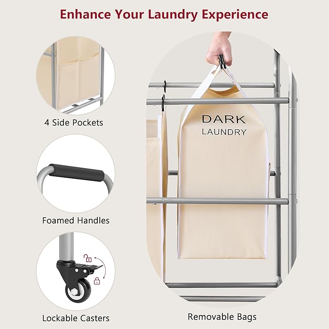 Tajsoon Laundry Sorter 5 Sections, Laundry Hamper with Heavy Duty Lockable Wheels and Removable Bags, 5 Bag Rolling Laundry Sorter Cart for Dirty Clothes Storage, Laundry Separator Hamper, Beige
