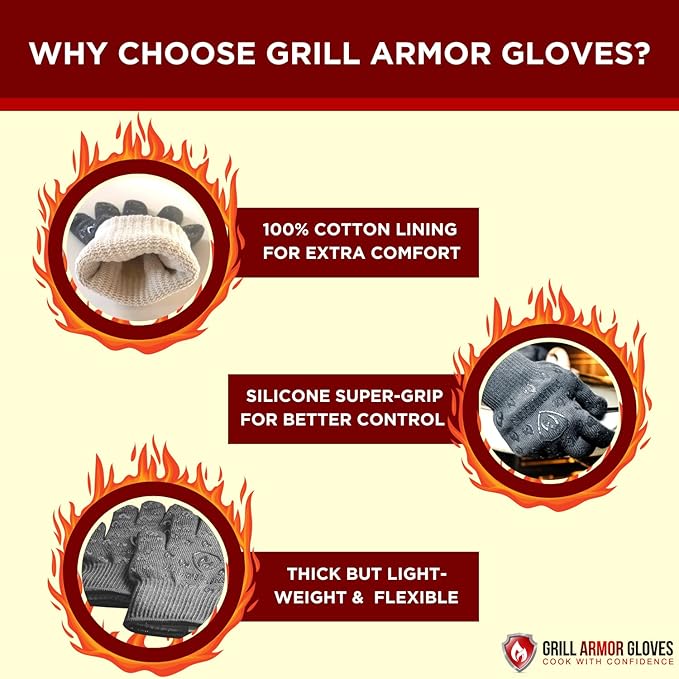 Grill Armor Oven Gloves 932°F Extreme Heat & Cut Resistant Oven Mitts with Fingers for BBQ, Cooking, Grilling, Baking –Accessory for Smoker, Cast Iron, Fire Pit, Camping, Fireplace, Griddle & More