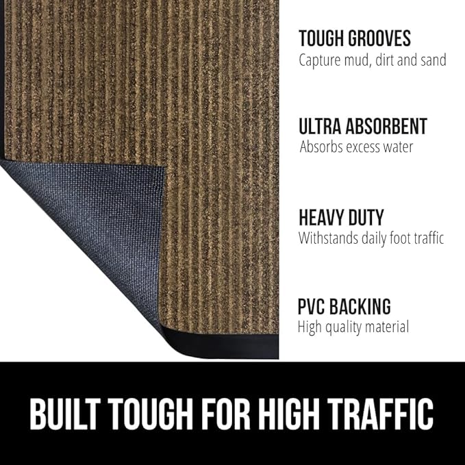 GORILLA GRIP Traffic Guard Door Mat, 47x35, Heavy Duty Welcome Mats, Commercial Office Space Doormat, Waterproof, Fade Resistant, Strong Rubber Backing, Low Profile, Shoe and Boot Scraper, Brown
