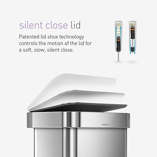 simplehuman 45 Liter / 12 Gallon Liter Rectangular Hands-Free Kitchen Step Trash Can with Soft-Close Lid, Brushed Stainless Steel with Plastic Lid