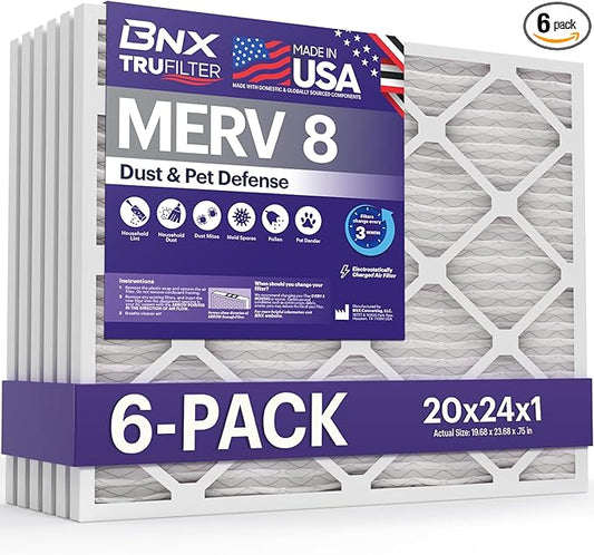 BNX TruFilter 20x24x1 Air Filter MERV 8 (6-Pack) - MADE IN USA – Dust & Pet Defense Electrostatic Pleated Air Conditioner HVAC AC Furnace Filters for Dust, Pet, Mold, Pollen MPR 600 – 700 & FPR 5