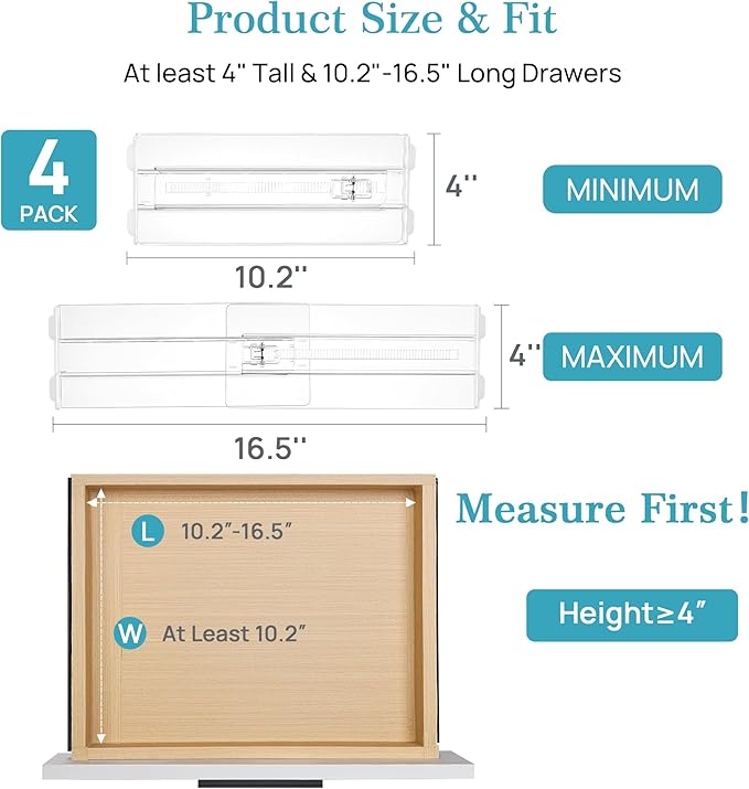 Vtopmart 4 Pack Drawer Dividers for Clothes, 4" High 10.2"-16.6" Adjustable Expandable Dresser Drawer Organizer, Clear Plastic Separators for Dresser, Baby Clothing, Underwear, Cosmetic, Toiletries