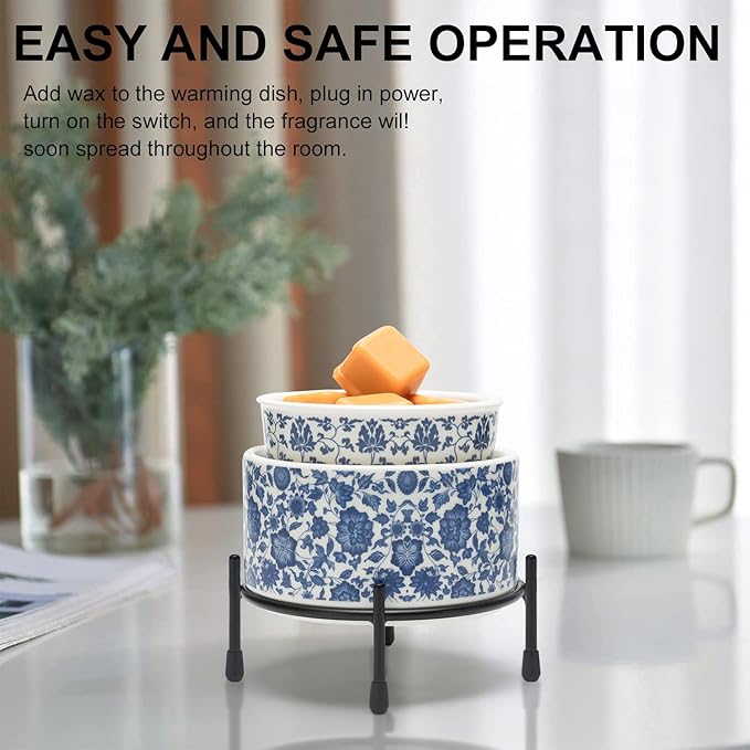 Blue & White Porcelain Pattern Wax Melt Warmer,Ceramic 3-in-1 Electric Candle Wax Warmer for Scented Wax Melter Oil Burner for Home Office Bedroom Gift & Decor (with KD Iron Shelf)
